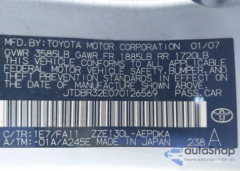 2007 Toyota Corolla Ce from USA, damaged, VIN JTDBR32E070126569